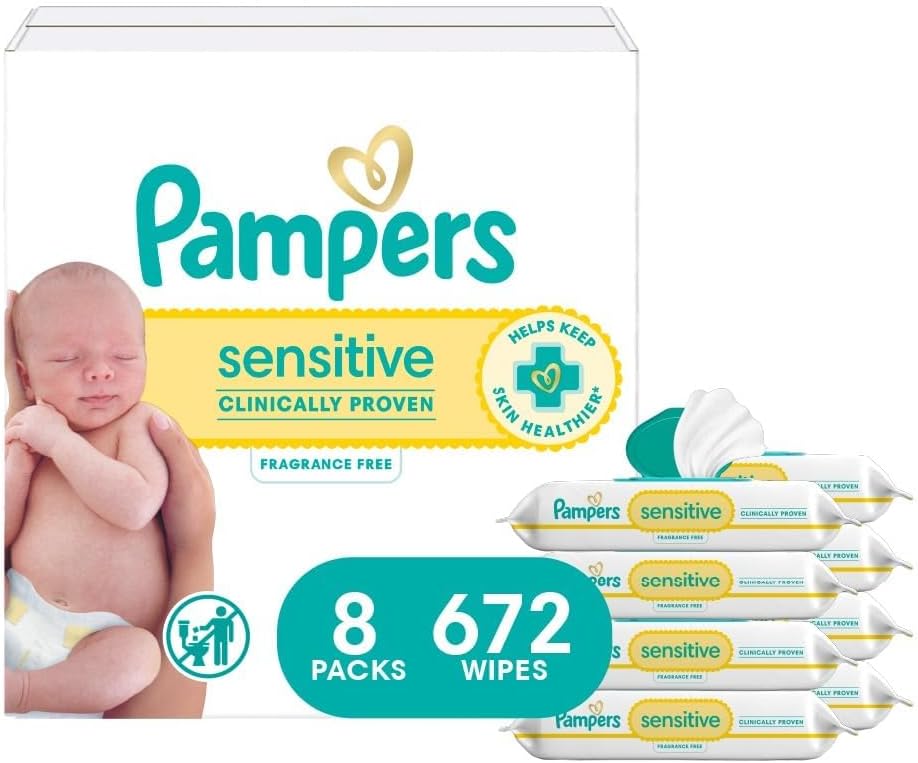 Baby Wipes, Sensitive, Water Based Wipe, Clinically Proven, Hypoallergenic, and Unscented for Babies, 672 Wipes Total (8 Flip-Top Packs) [Packaging May Vary]