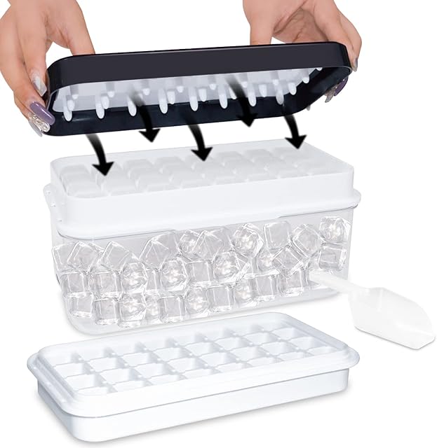 Ice Trays for Freezer with Lid & Bin, Ice Cube Tray Making 64 pcs Ice Cubes, Easy Press to Release Ice, Ice Tray with Storage Bin Chilling Cocktail Whiskey Coffee 2 Trays 1 Ice Bucket & Scoop (Black)