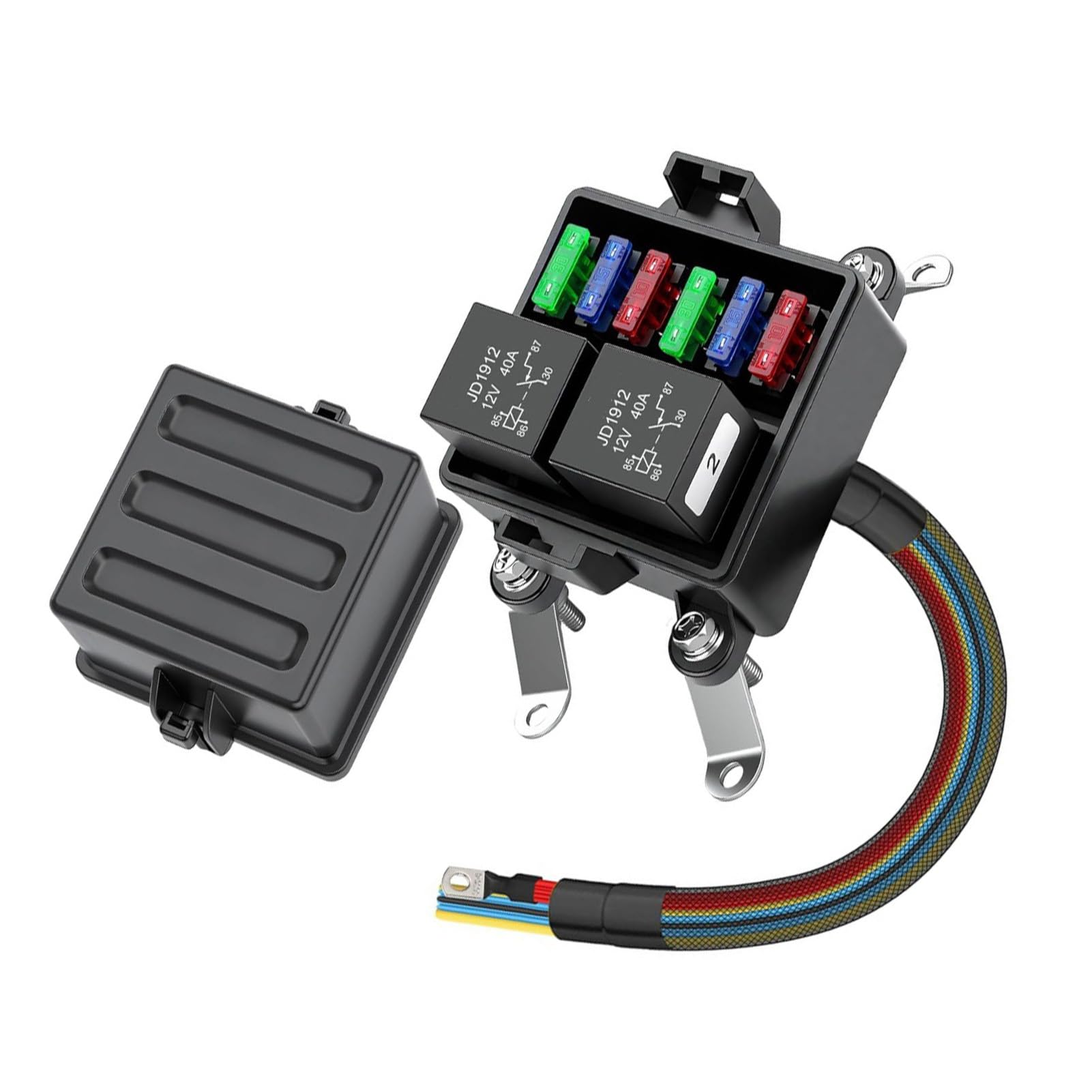 Caja de fusibles y relés de nailon resistente para automóviles, con cables codificados por colores y 6 ranuras para fusibles para una fácil instalación. Relé automotriz 6 ranuras / / 2 relés