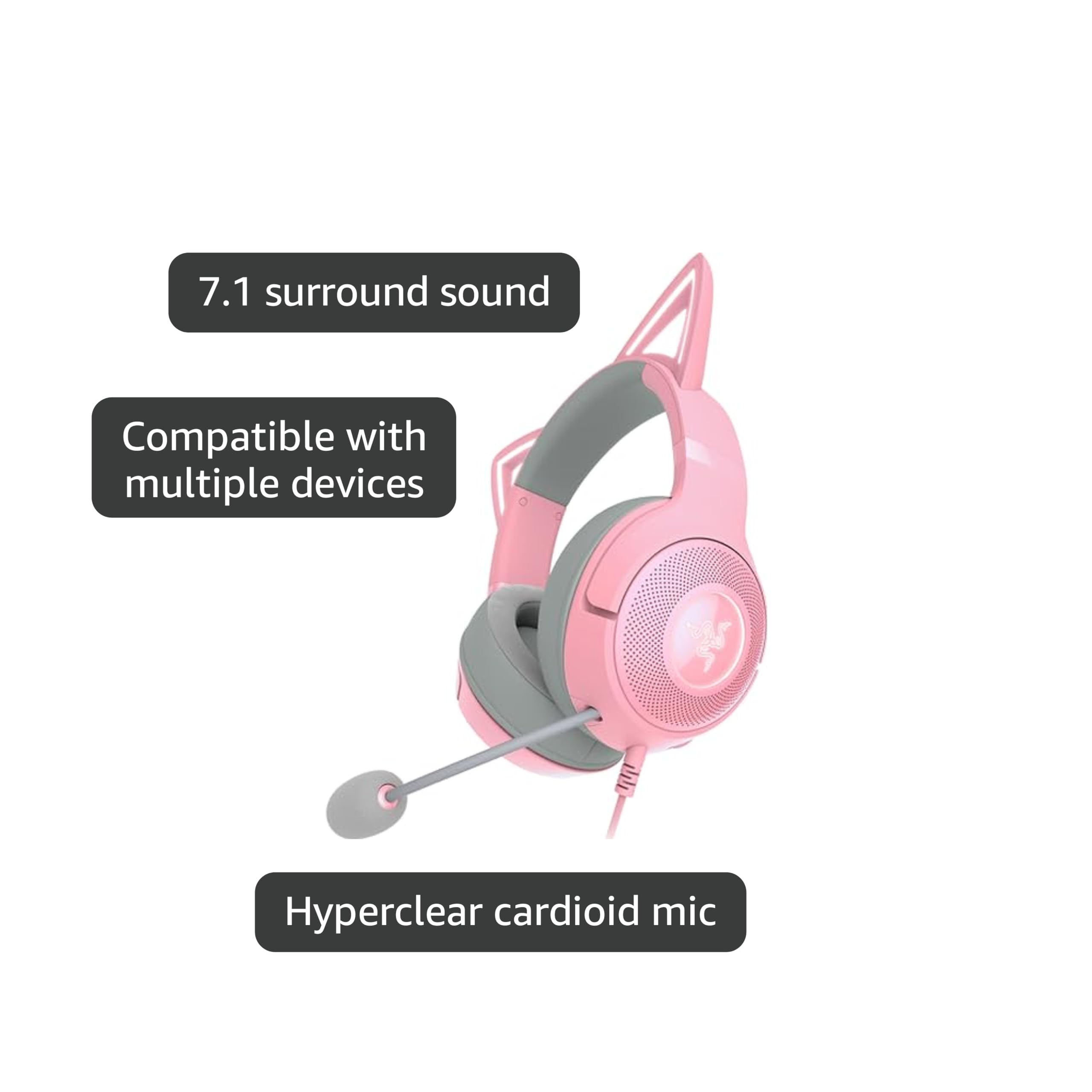 Razer Kraken Kitty V2 USB Wired Headset: Chroma RGB Kitty Ears - Stream Reactive Lighting - HyperClear Cardioid Mic - 40 mm Drivers - 7.1 Surround Sound - Comfortable Ear Cushions -