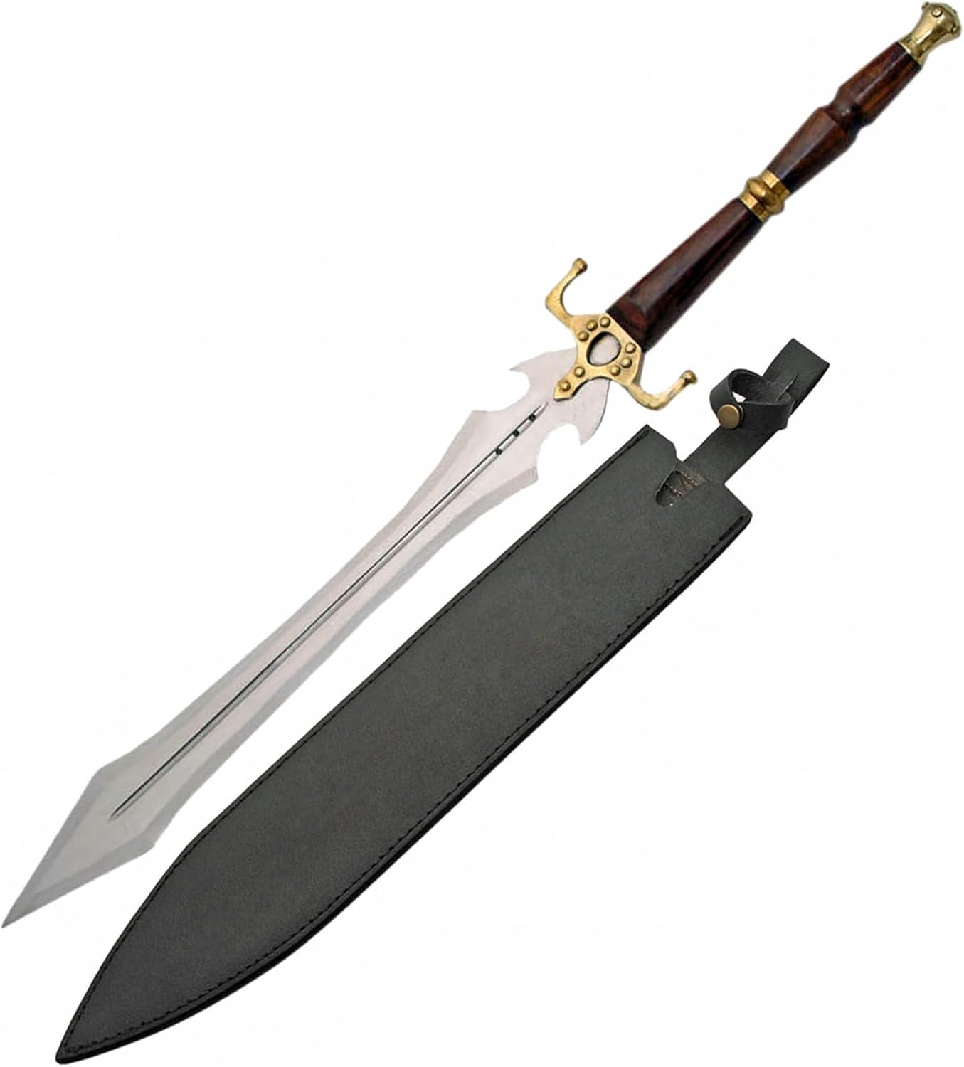 SZCO 31.25" Fantasy Sword – Medieval Short Sword with Wood Handle, Brass Guard & Pommel – Collectible Replica Blade with Leather Sheath – Decorative Cosplay & Display Weapon