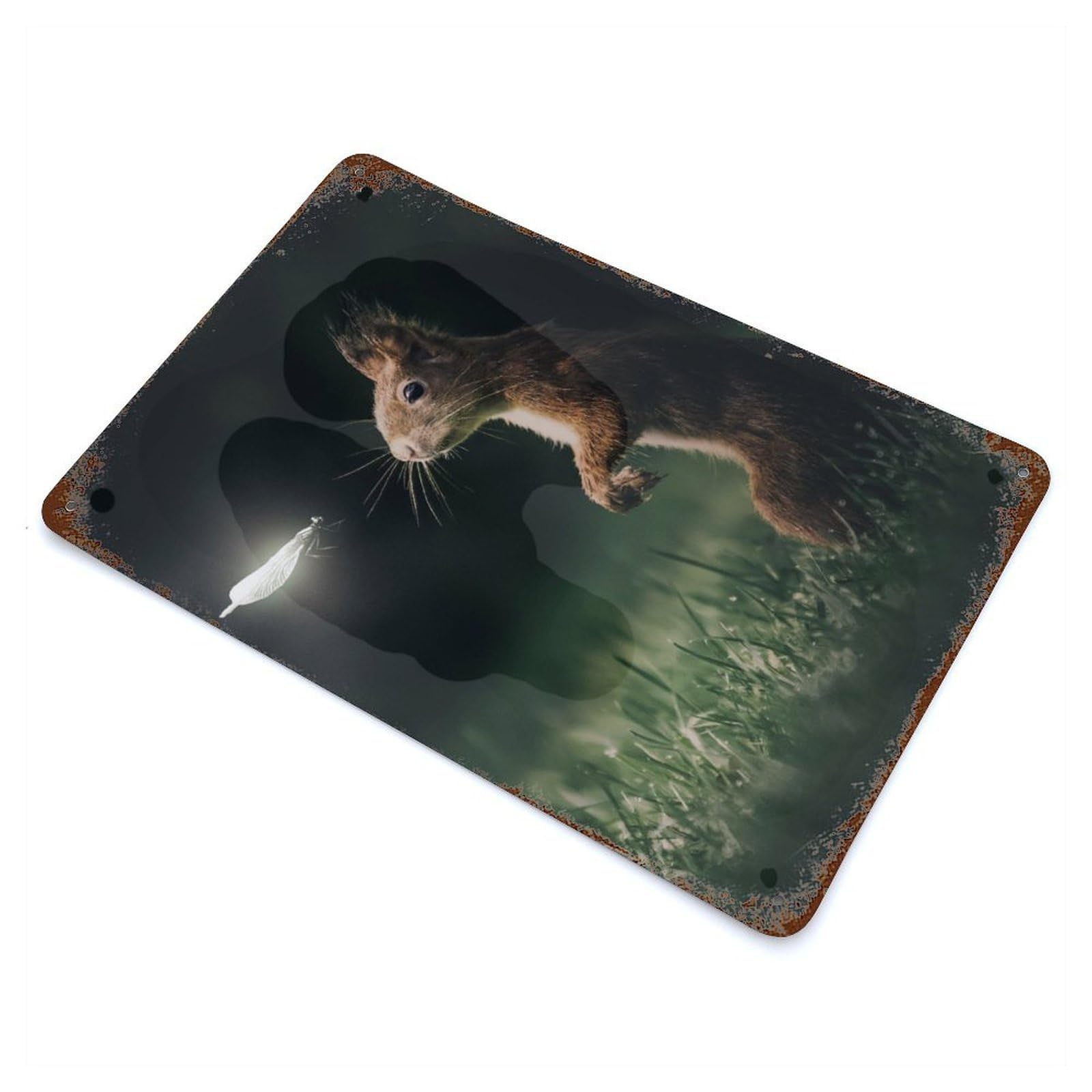 Rust Effect Tin Sign Squirrel Glowing Dragonfly 11.8"x7.9", Vintage Wall Decor for Living Room, Hallway And Home Decor