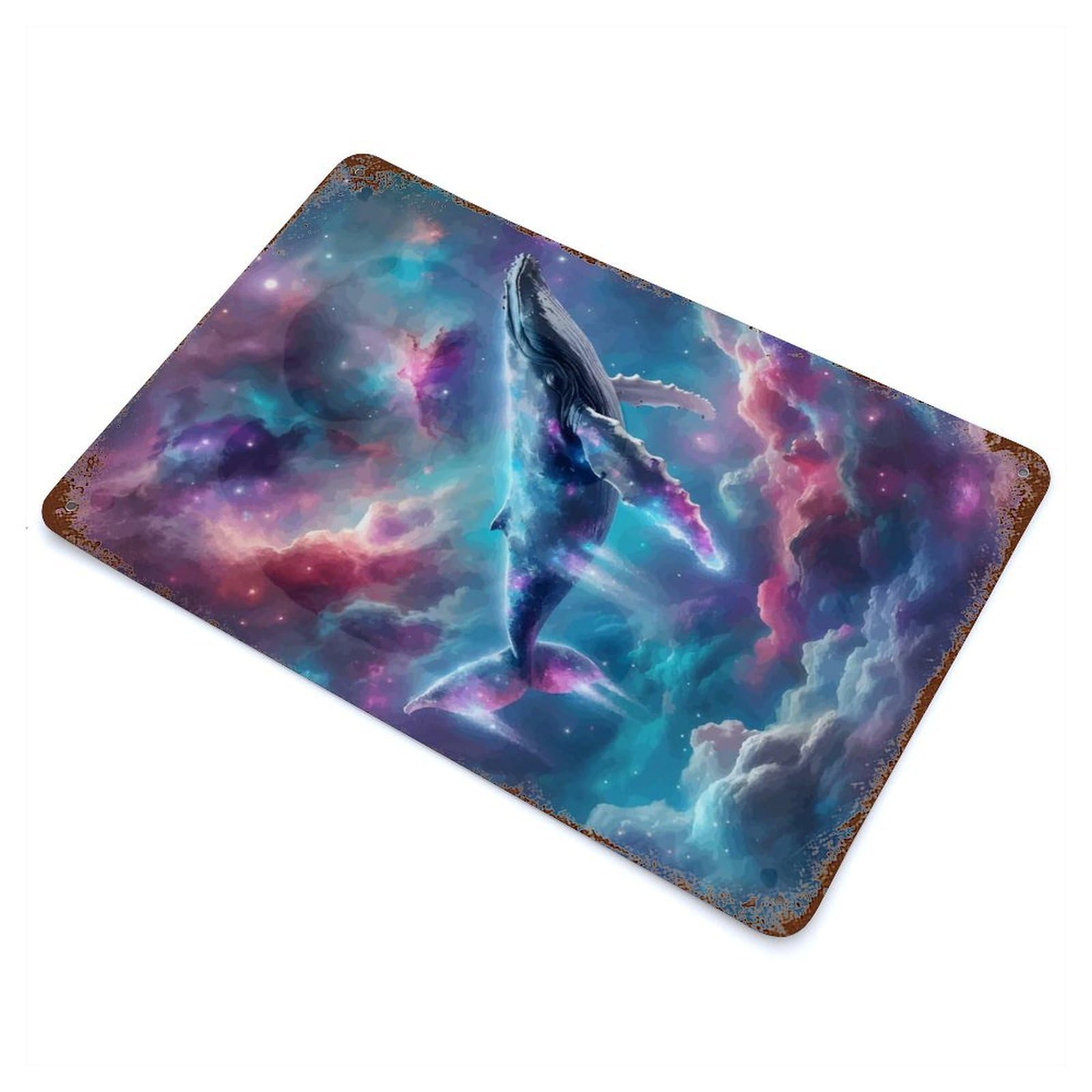 Decorative Tin Sign Cosmic Whale in Nebula Clouds 11.8"x7.9", Decorative Metal Wall Art for Garage, Bar And Workshop Decor