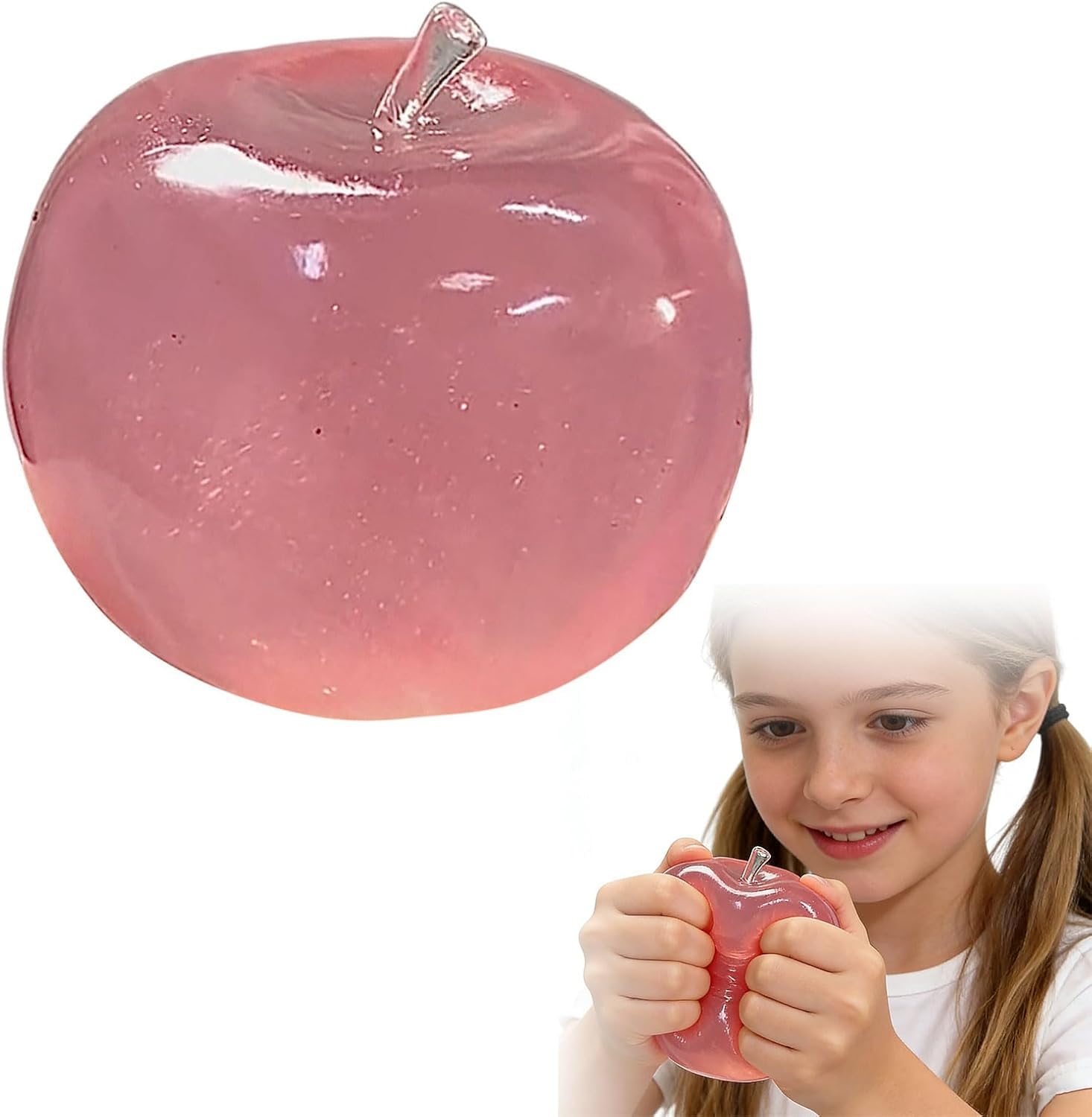 Pink Apple Stress Toys, Squishy Fidget Toys for Kids Adults, Water Bead Squeeze Toy for Anxiety Relief, Sensory Food Squishies for ADHD Autism, Birthday Party Favors, Easter Gifts
