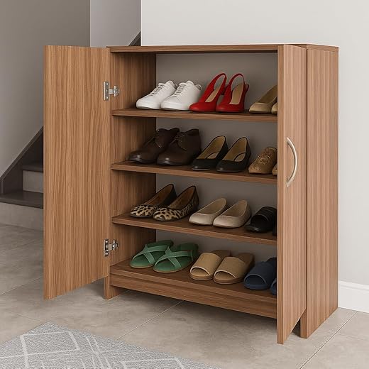 NITYAM Wooden Shoe Rack 2 Door 3 Shelf Cherry Pine