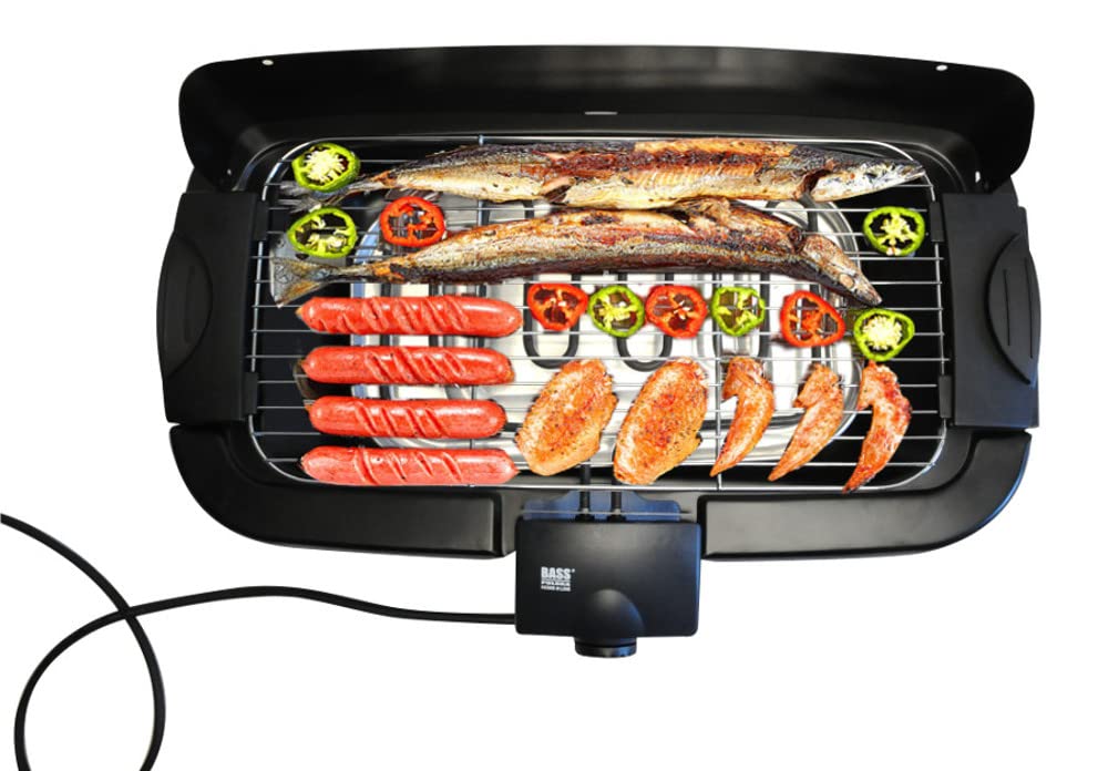 BASS, 2-in-1 Grill Elettrico, Free-standing E Come Dispositivo Da Tavolo, Grill Da Tavolo - BBQ Per Interni Ed Esterni - Rivestimento Antiaderente E Vassoio Raccogli Grasso, 46 x 23 cm