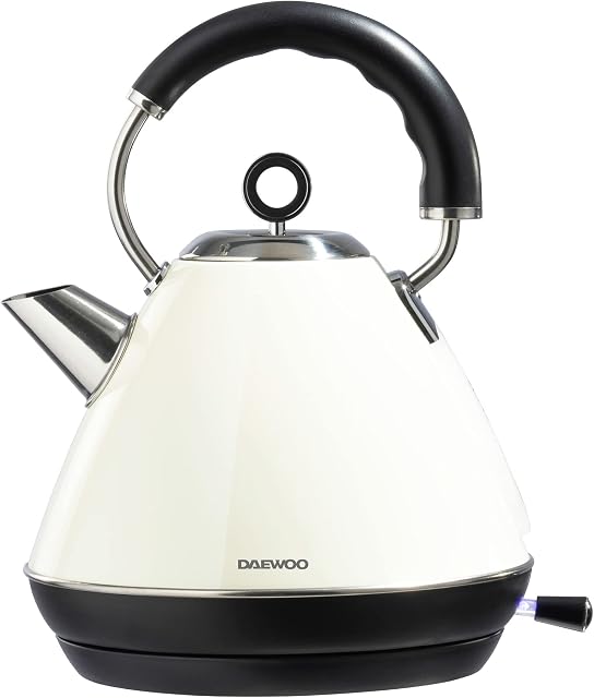 Daewoo Kensington 1.7L, 3000W Fast Boil Pyramid Kettle, Stainless Steel Body with Cordless Rotational Base and Concealed Heating Element, Space Saving Cord Storage and LED Indicator- Cream