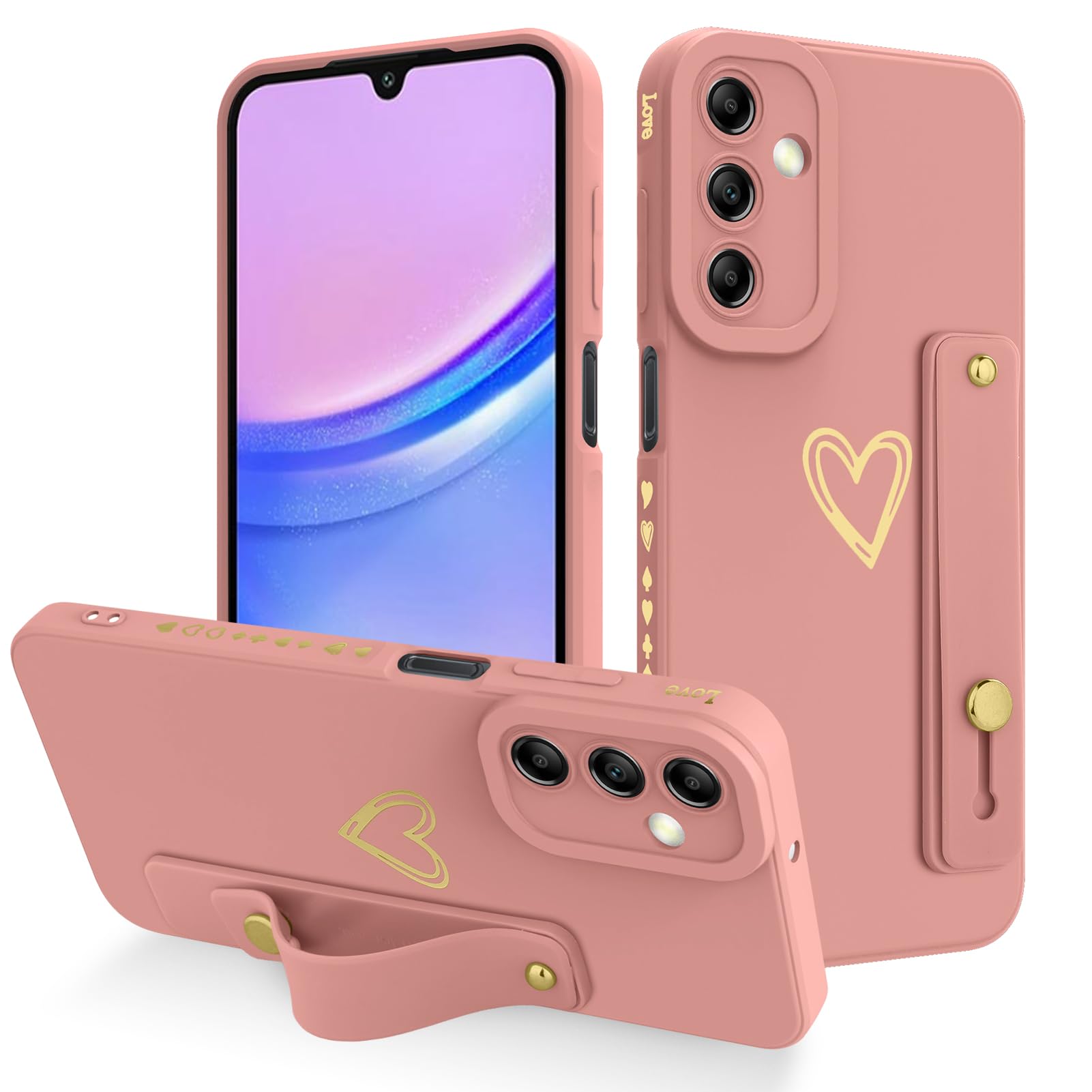 Fiyart Designed for Samsung Galaxy A15 5G Case with Phone Stand Holder Cute Love Hearts Protective Camera Protection Cover with Wrist Strap for Women