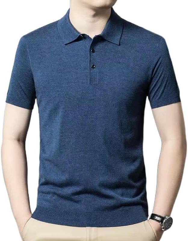 Mens Knit Polo Shirts Casual Long Sleeve Classic Button Down Golf Shirt for Men