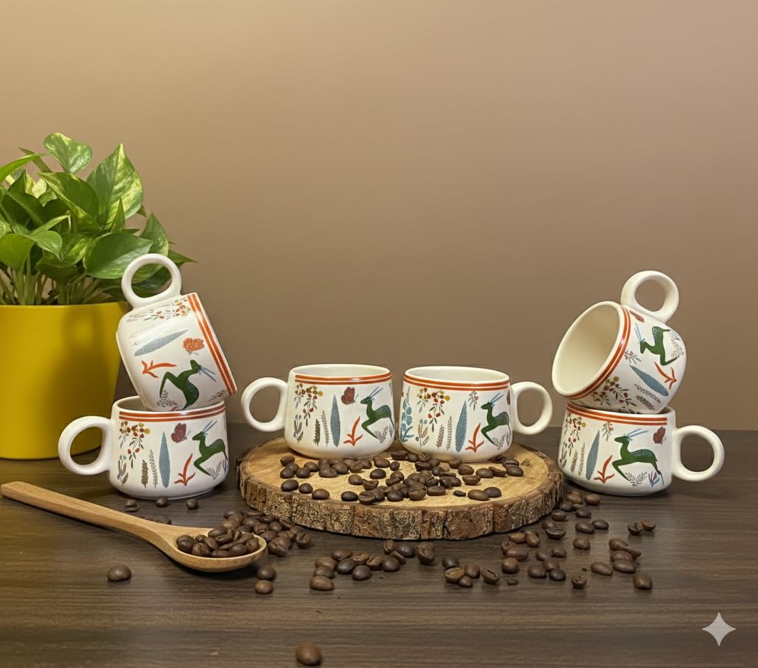 IZZYLYF 'Green Deer' Ceramic Tea Cups Set of 6 (150 ml Each) with Handle | Microwave & Dishwasher Safe | Elegant Cups for Tea Coffee Chai | Stylish Drinkware for Home Office Cafe Serving and Gifting