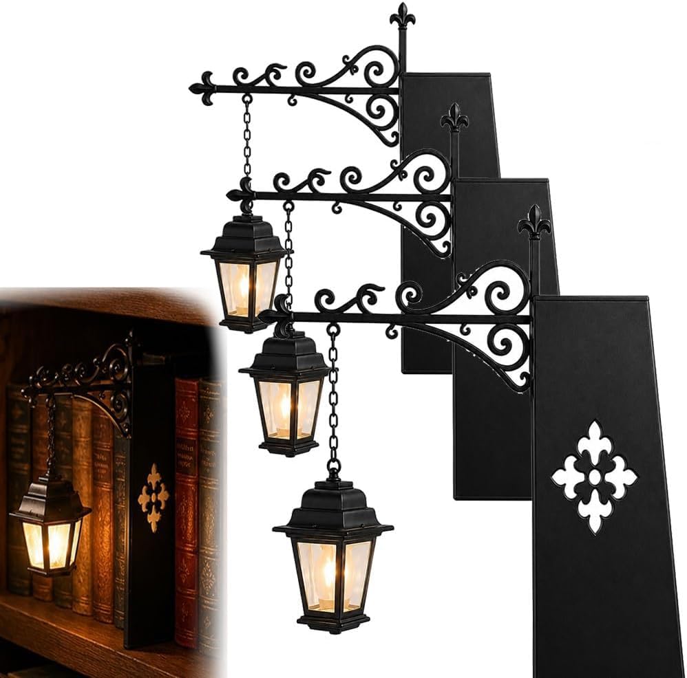 SpirWoRchlan Vintage Wooden Library Lantern LED Lamp, Decorative Bookcase & Reading Nook Night Light, Rustic Desk Table Luminaire, Ornamental Lighting for Study Bedroom Home Decor, 3PCS