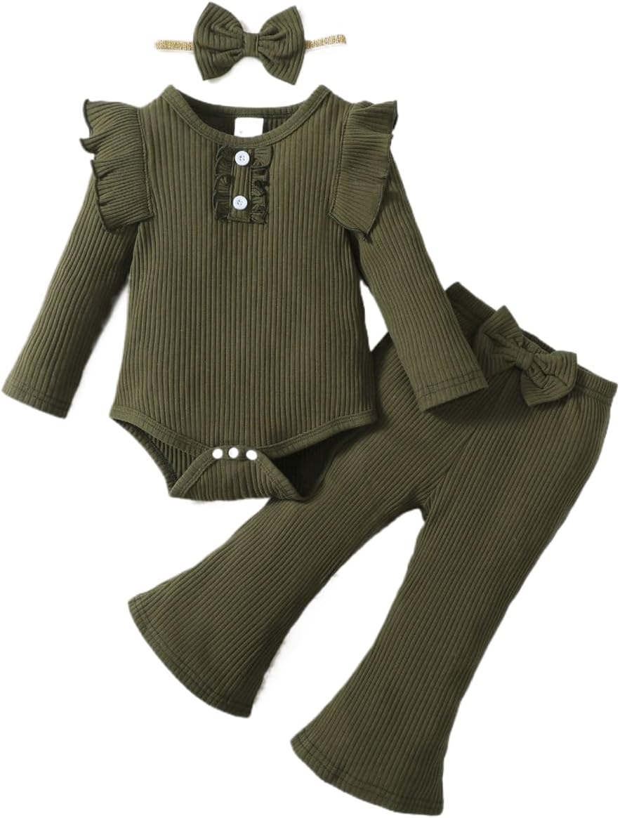 Infant Baby Girls Outfit Cute Ruffle Sleeve Ribbed Knit Romper Bodysuit and Flare Pants Clothes Set 3 Piece