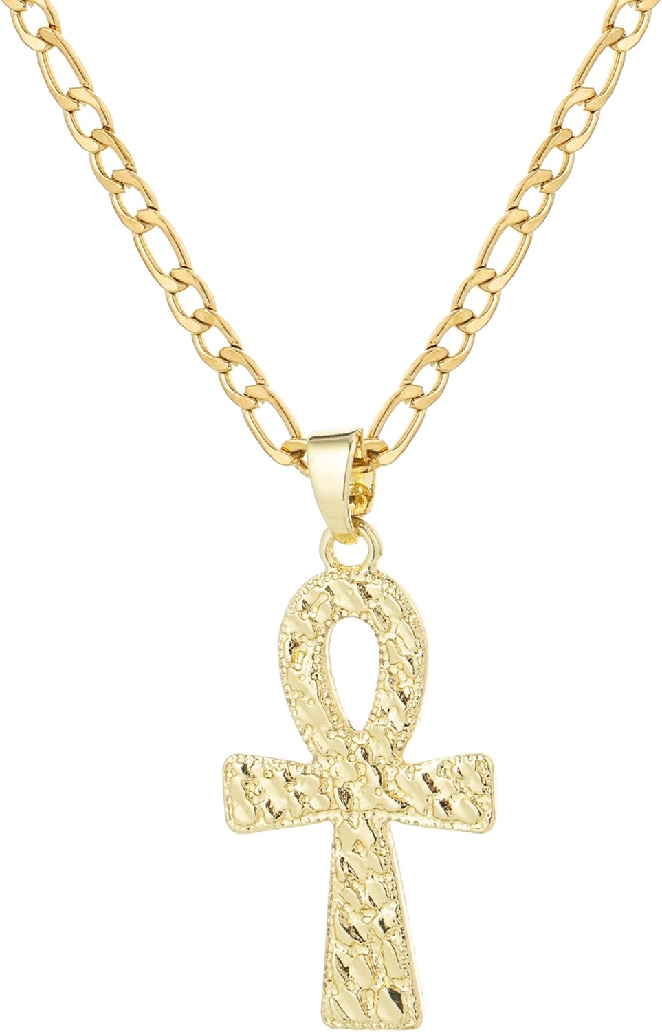 Diamond-Cut Ankh Cross Pendant Necklace for Women Men 14K White Gold Plated Stainless Steel Figaro Chain Textured Egyptian Cross Necklace