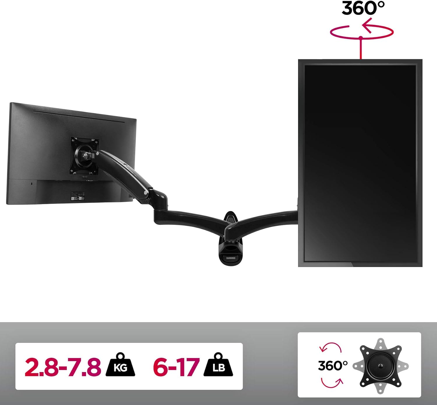 Duronic Monitor Arm Wall Mount DM55W1X1 | Spring Bracket for Single PC Computer Screen | Sprung | for One 15”-27” LED LCD TV Television | VESA 75/100 Fixing | Tilt +85°/-90°, Swivel 180°, Rotate 360°