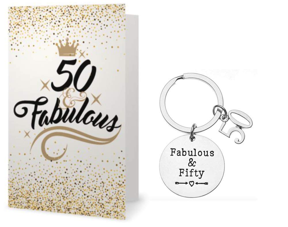 Infinity Collection 50th Birthday Keychain & Card Gift Set, 50th Birthday Gifts for Men & Women, Fabulous and Fifty Keychain. 50th Bday Gifts for Him or Her