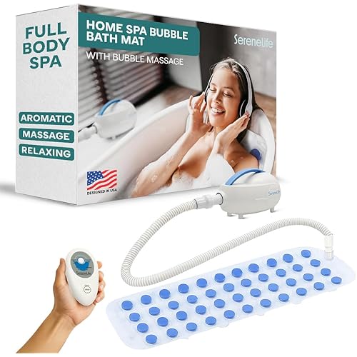 SereneLife Bubble Bath Mat, Non-Slip Bathtub Mat with Remote Control, Waterproof, Cushioned Design, Adjustable Bubbles, 8.2’ Air Hose and 47” x 14.2” Mold-Resistant Full Body Spa Massager