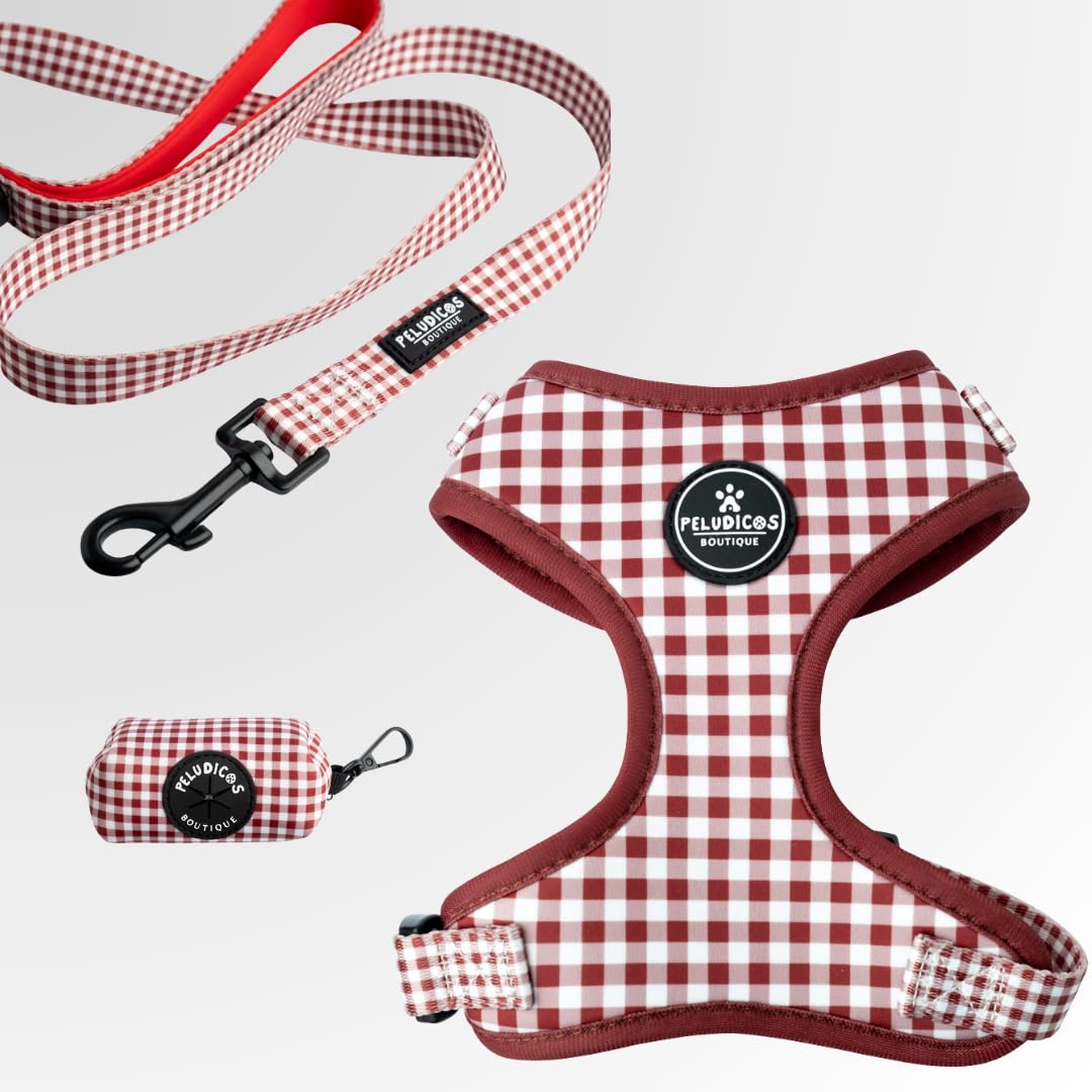 Pack Arnés,Correa y Portabolsas Granate para Perro Ajustables de Neopreno – Diseño Vichy, Cómodos y Resistentes – 5 Tallas
