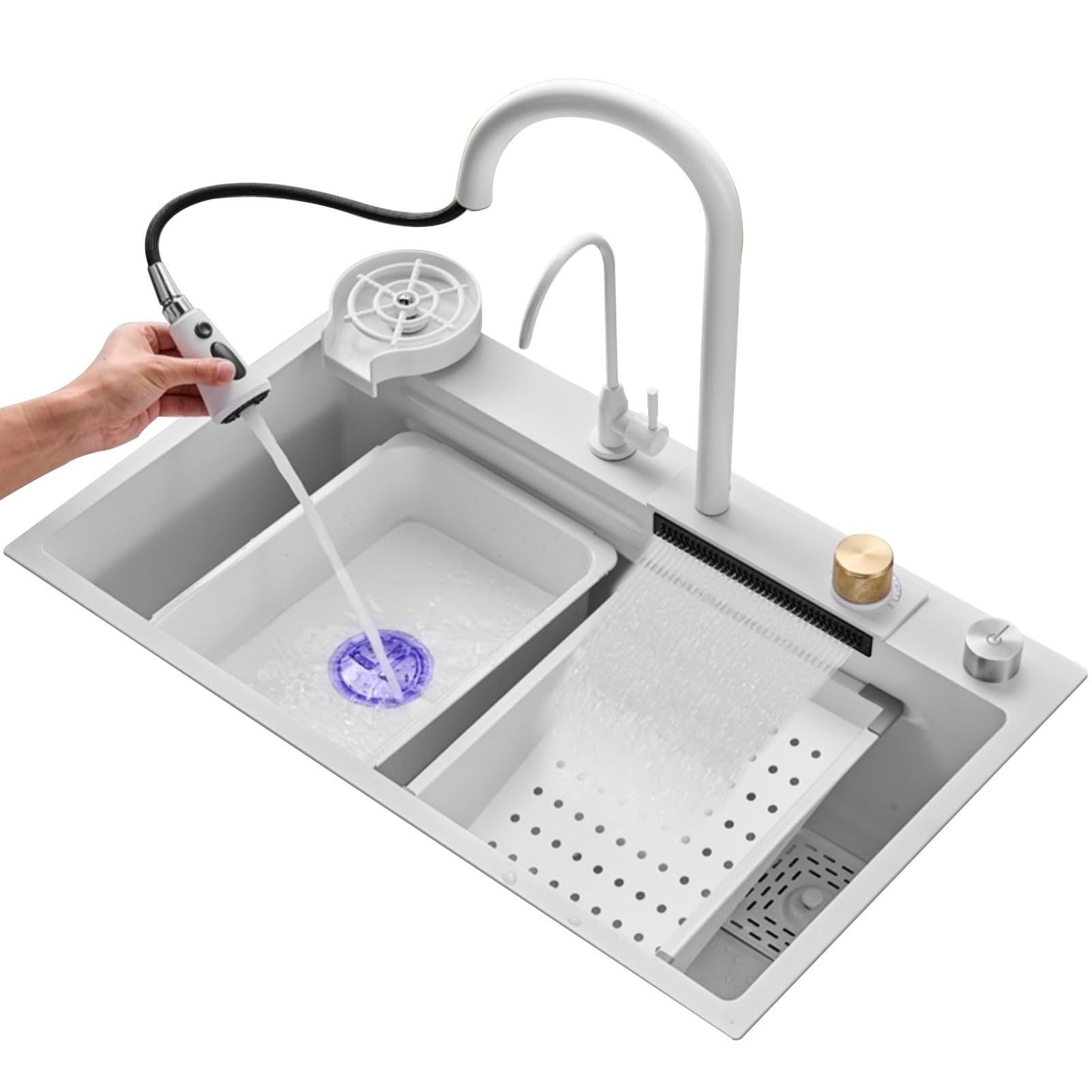 ZQFHSX White Single-bowl Waterfall Kitchen Sink Stainless Steel Vegetable With Pull-out Faucet(68 * 45cm)