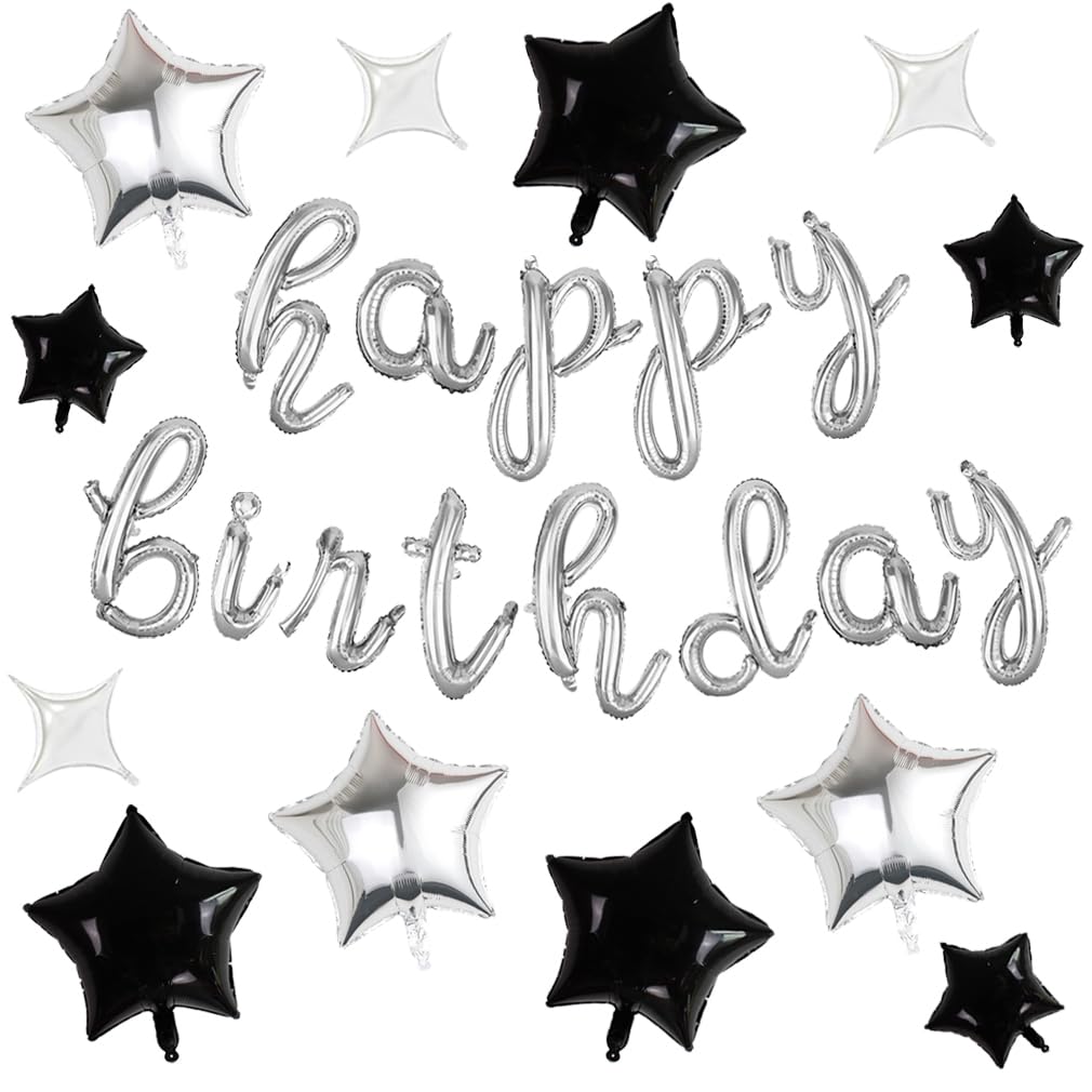Happy Birthday Banner Script Silver Letter Sign with 12 PCS Black Silver Star Foil Mylar Balloon For Birthday Party Decoration