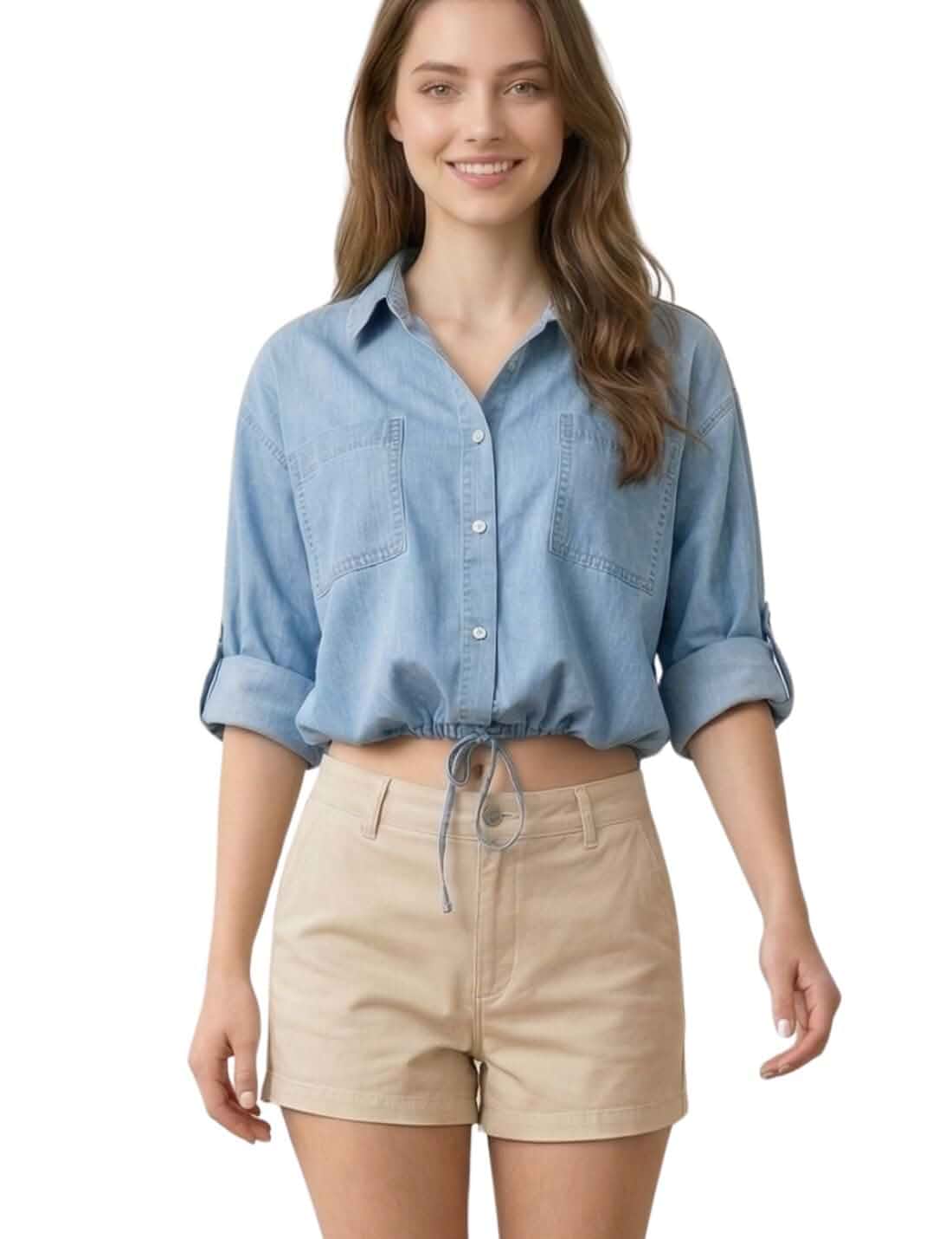 Kwoki Women's Crop Denim Shirt Casual Oversized Button Down Jean Top Roll Up 3/4 Sleeve,Casual Loose Cropped Tops,Adjustable Drawstring Hem,Button Front,Crop Jean Jacket,Lightweight Denim Jacket