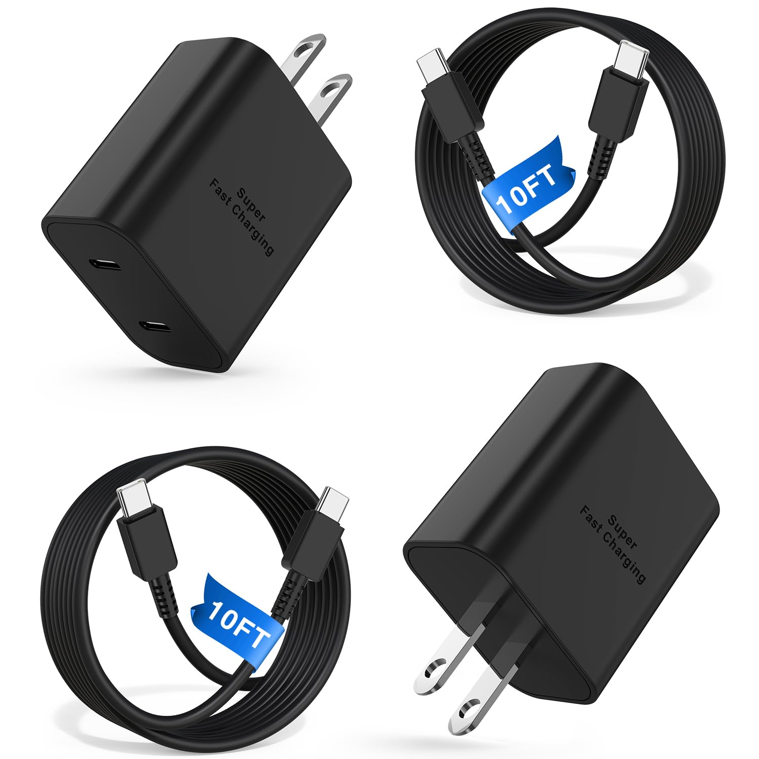 45W Super Fast Charger Block and 10ft Type C to C Cable, Dual Port USB C Wall Charging Plug Android Phone Charger Cord Long for Samsung Galaxy S25 Ultra/S25+/S24+/S24/S23+/S22+/S21/S20/Note 20/10+