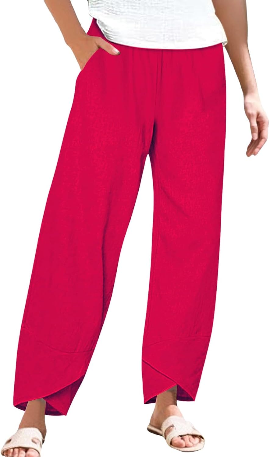 Women’s Cotton Linen Summer Palazzo Pants Flowy Wide Leg Beach Trousers with Pockets