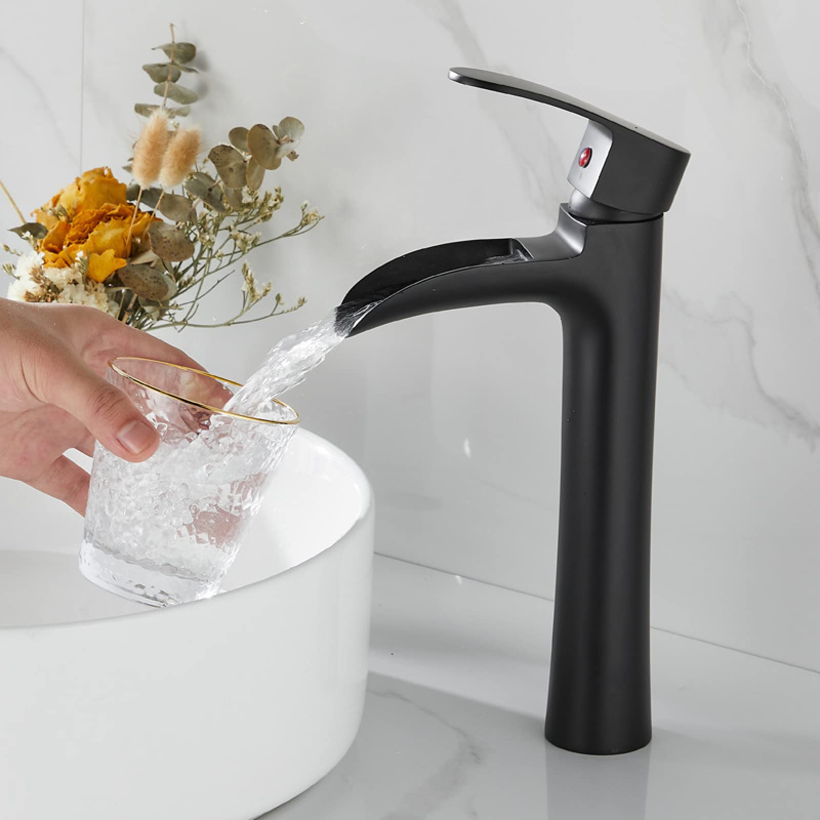 Genérico Lavabo, Cascada, Grifo, Lavabo De Encimera, Agua Fría Y Caliente, Monomando, Mueble De Baño De Un Solo Orificio, Grifo De Cobre, Negro Bajo