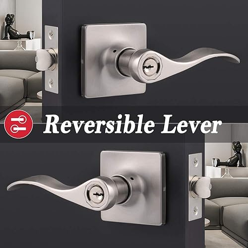 Miniatura 5 de knobelite Paquete de 3 manijas para puerta exterior, cerraduras de seguridad para puerta de entrada, manijas de puerta de onda de níquel satinado