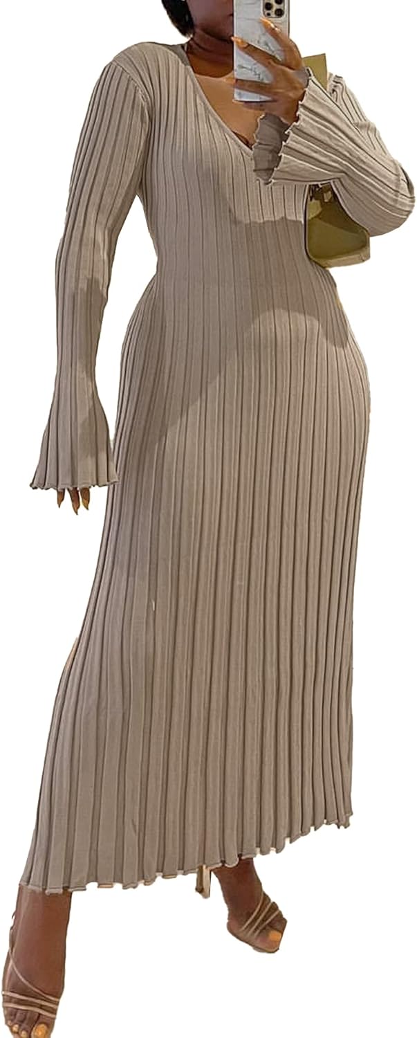 ECDAHICC Women's Sexy Ribbed Knit Sweater Dress Casual Long Sleeve V Neck Bodycon Pleated A Line Long Dress Streetwear - Image 2
