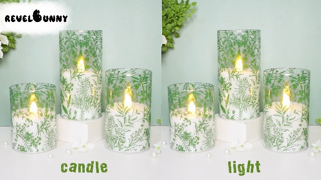 Image of Green Plants Flameless Candles with Remote Timer, Plant Theme LED Glass Candles, Battery Operated Candles for Home Party Wedding Christmas Botanical Summer Decor, Set of 3