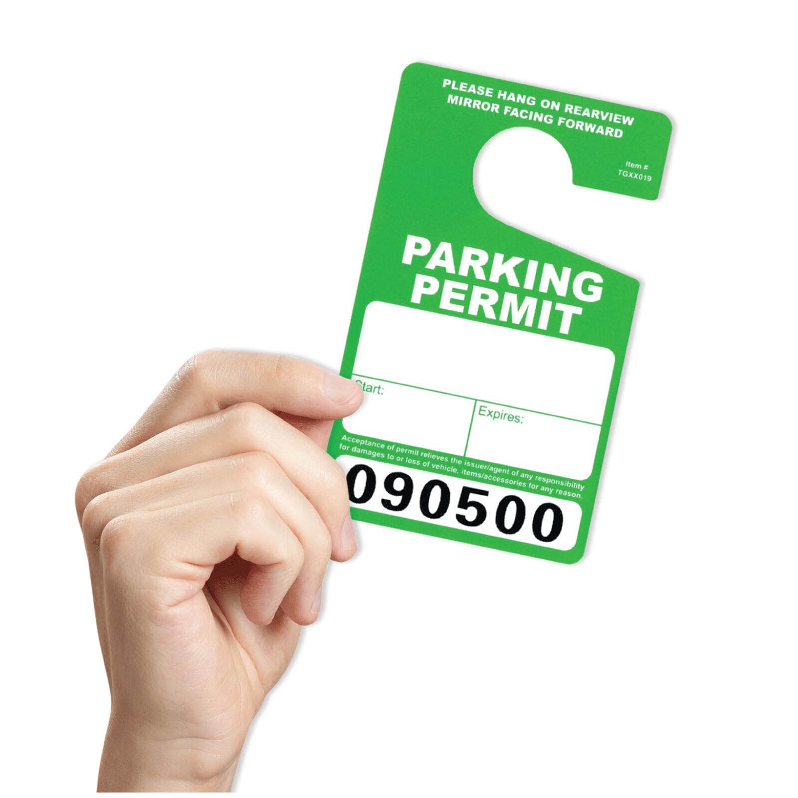 100 Pack Green Parking Permit Hang Tags for Rear View Mirror. Bendable & Waterproof. Temporary Hanging Passes. Large Bold Consecutive Numbers. 3” x 5”