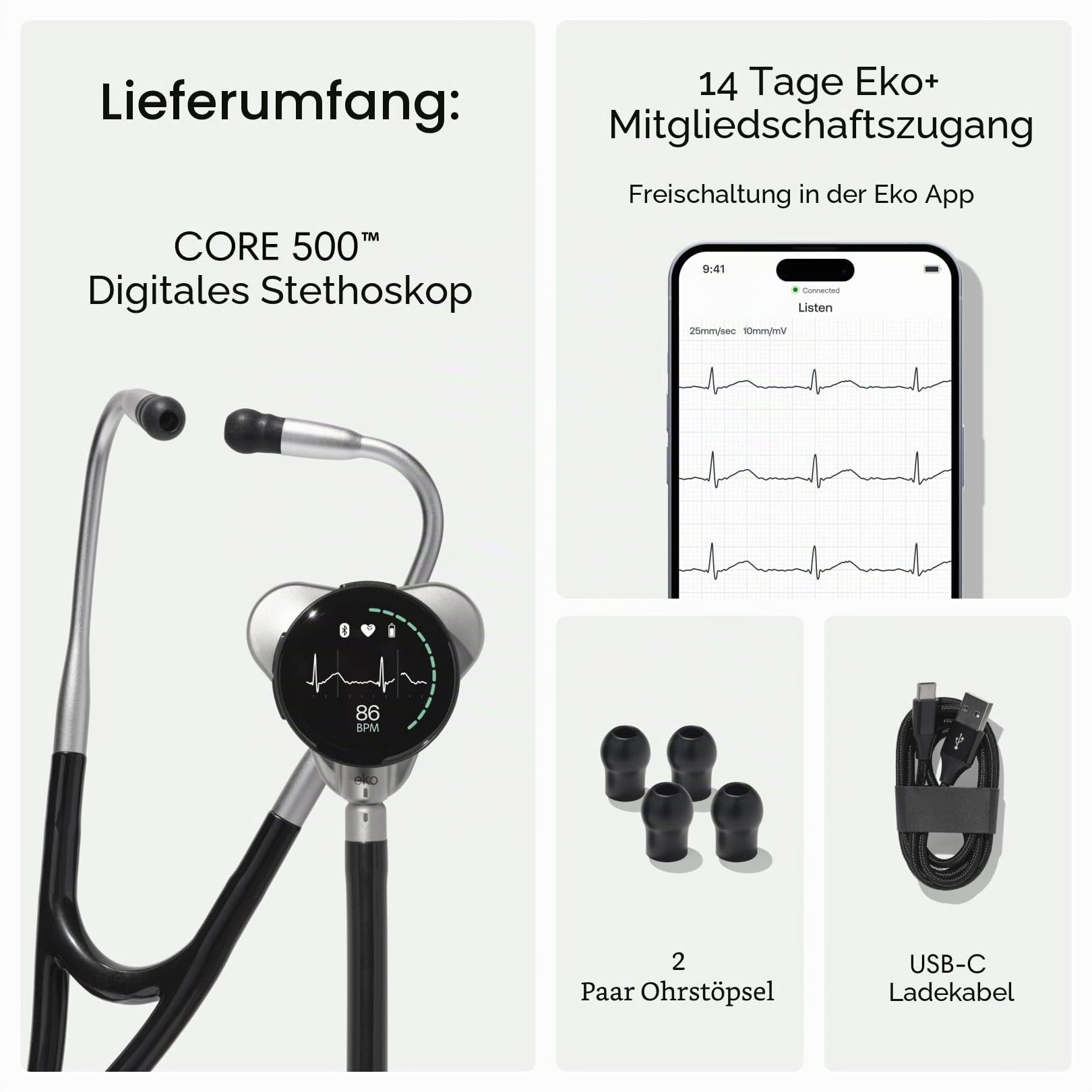 CORE 500™ Digitales Stethoskop, 40-fache Verstärkung, aktive Geräuschunterdrückung, 3-Draht-EKG, FDA genehmigt mit Eko+, Vollfarbanzeige, rückerstattungsfähig, Champagner