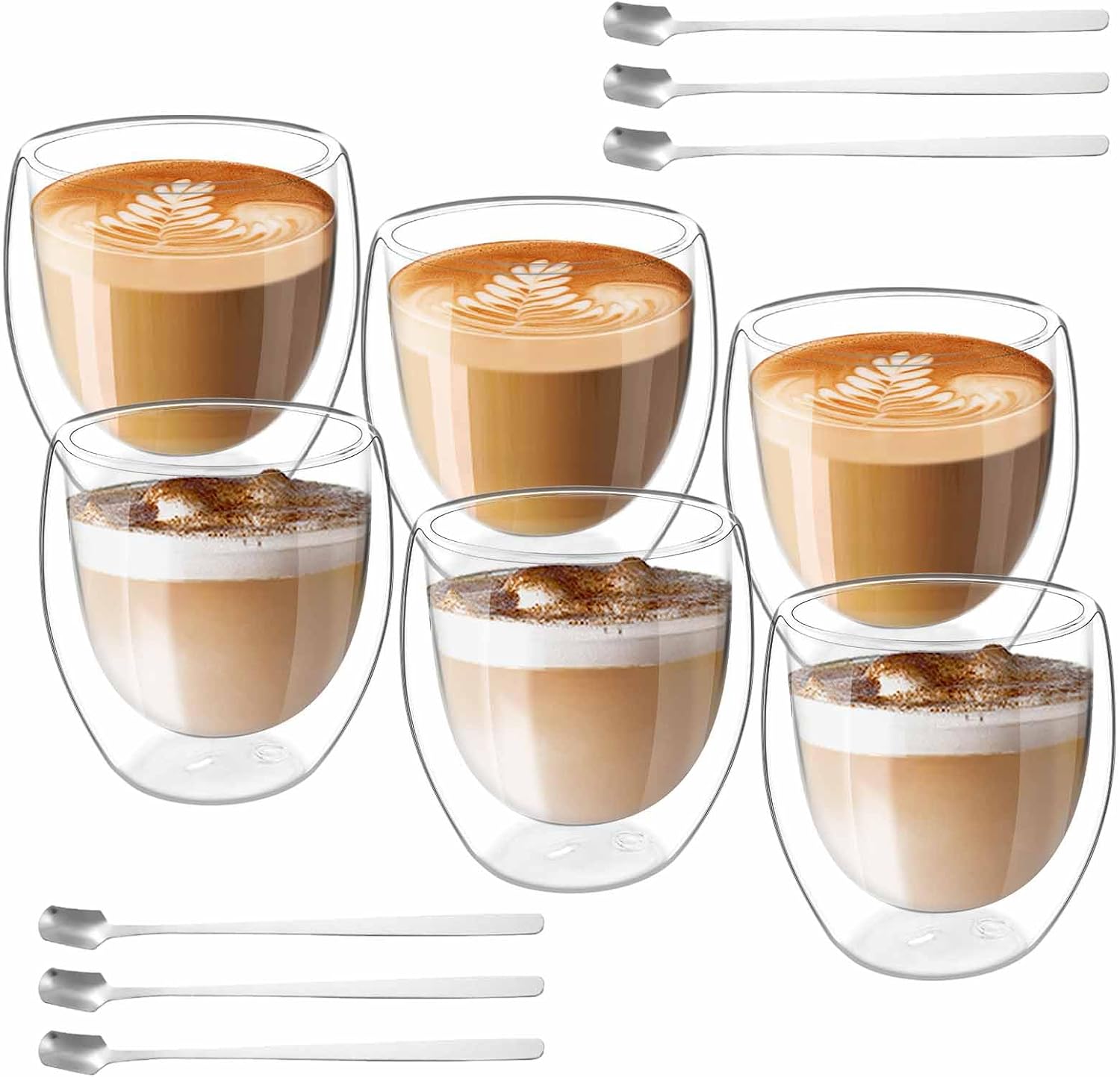 Molbory Set of 6 DoubleWalled Espresso Cups 80 ml, Coffee Glasses with 6 Spoons