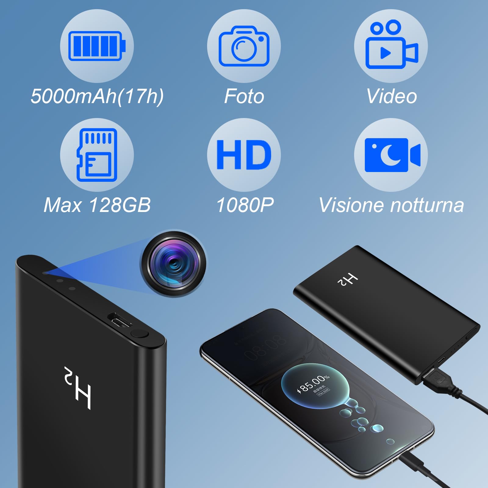 Mini camera HD 5000mAh Microcamera Nascosta Portatile per Interni Esterni