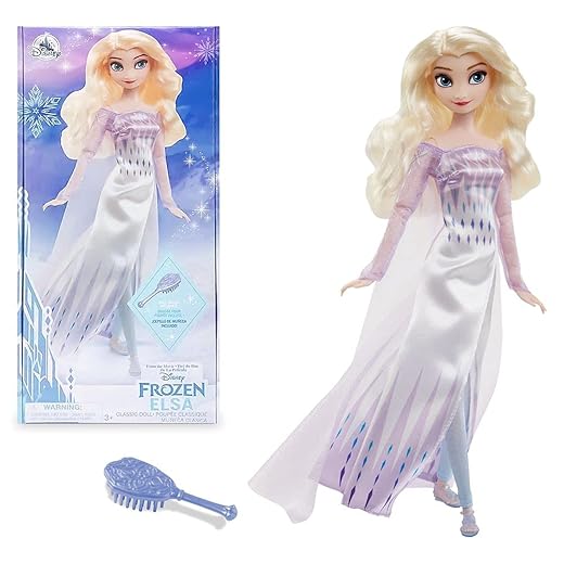 Disney Store Official Princess Elsa Classic Doll for Kids, Frozen 2, 11½ Inches, Includes Golden Brush with Molded Details, Fully Posable Toy Figure in Satin Dress - Suitable for Ages 3+