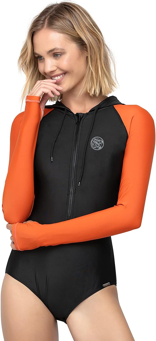 AXESEA Womens Long Sleeve Rash Guard Hooded One Piece Swimsuit Sun Protection Front Zpper Printed Bathing Suit - Image 2
