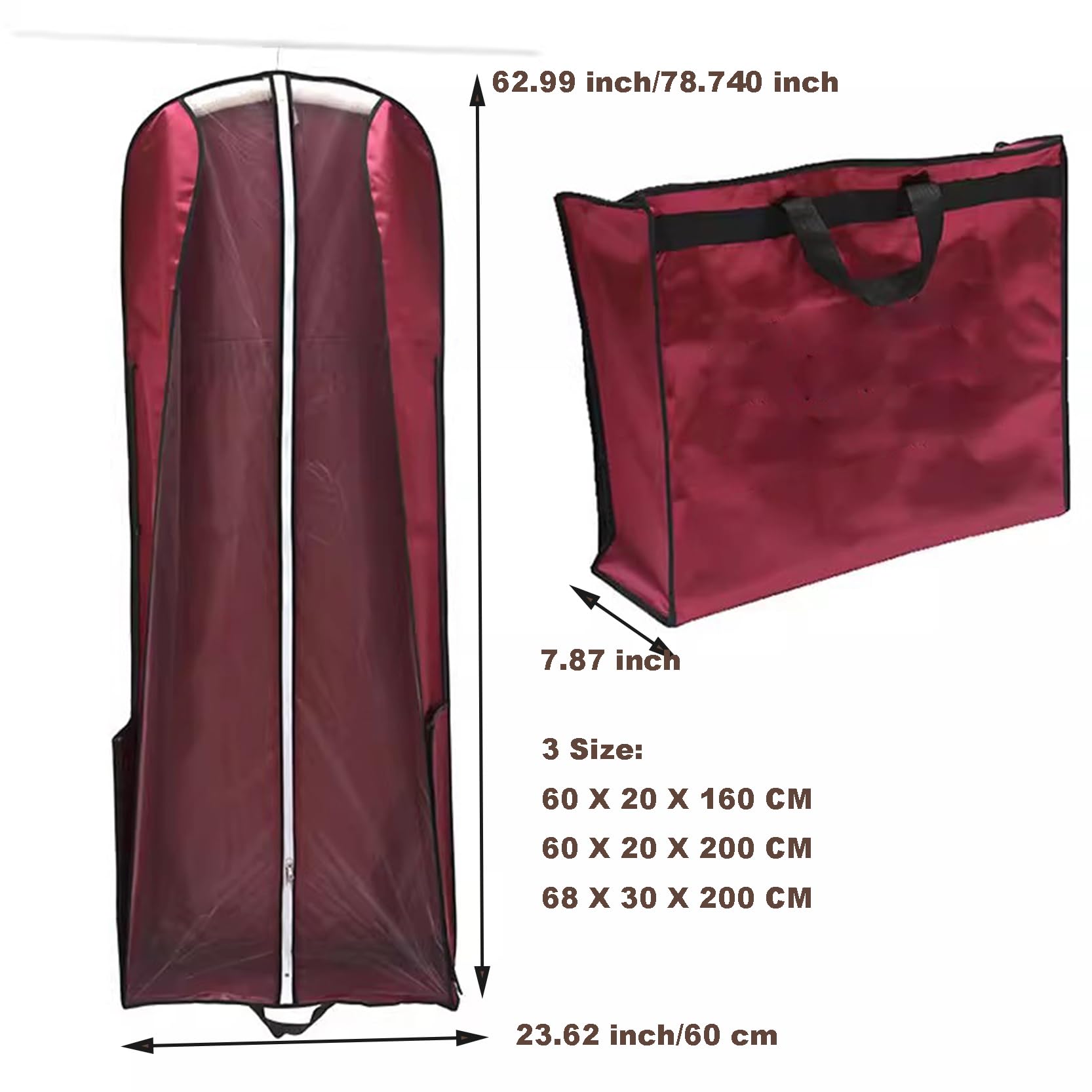Fundas de ropa Bolsas protectoras para vestidos de novia/vestidos largos, Fundas para vestidos largas impermeables y transpirables Bolsas de ropa con cremallera y asa, H 63"/78", Gris-S (Negro S)
