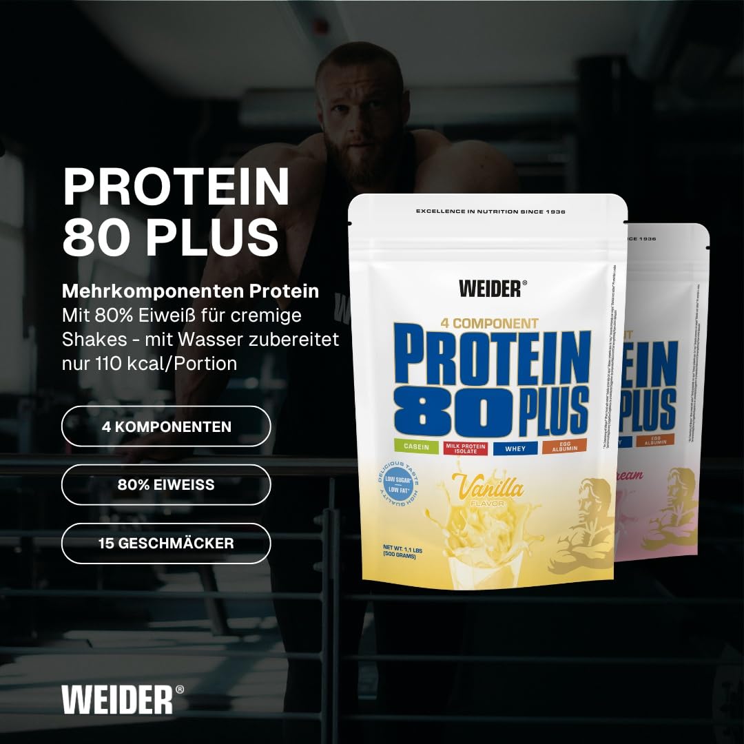 Weider - Protein 80 Plus - 4-Komponenten Protein Pulver - Hoher Proteingehalt mit 80% Eiweiß - Cremige Shakes mit Calcium & Vitamin B6 - 500g - Vanille