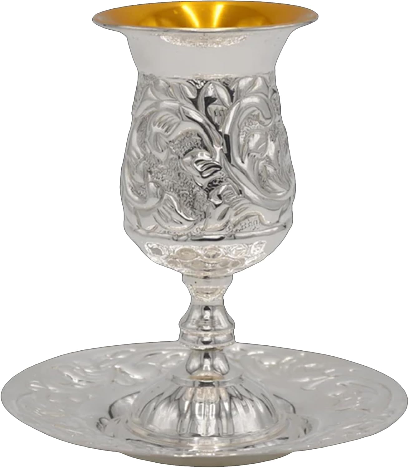 Majestic Giftware Silver-Plated Kiddush Cup with Stem and Tray - 5"H | Premium Quality Wine Goblet for Shabbat, Passover, and Holidays - Perfect for Celebrations (KC-307)