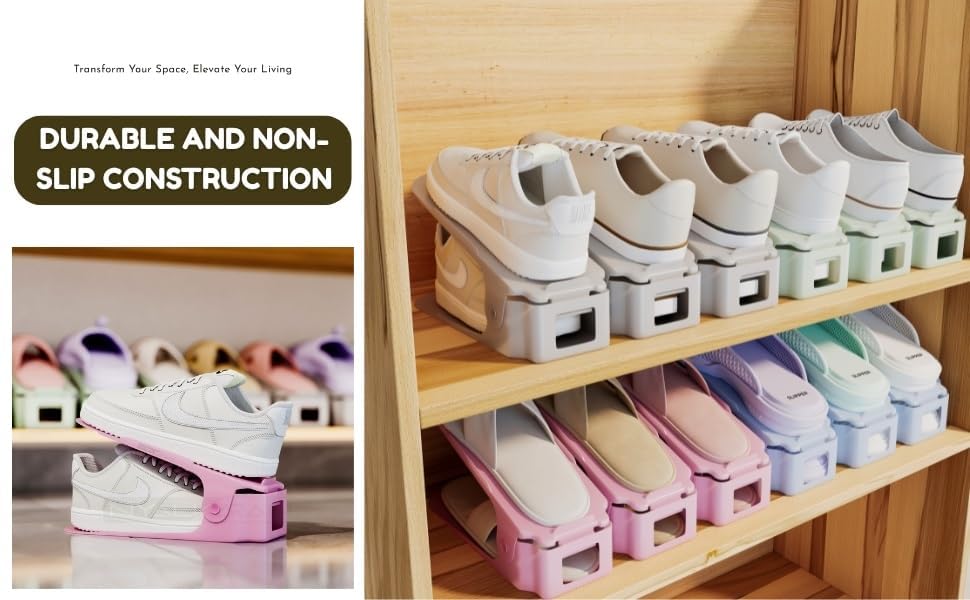 Image of Double Deck Shoe Organizer | Adjustable Height 8-15 cm Plastic Shoe Slots Space Saver | Shoe Holder Stand for Wardrobe, Closet & Shoe Rack Storage (25 x 9.8 cm, Pack of 16)