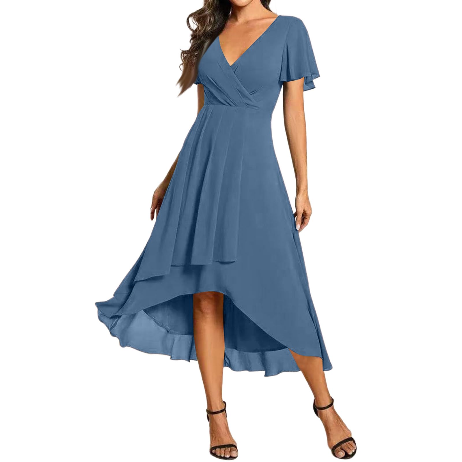 Kleid Hochzeitsgast Damen A-Linie Vorne Kurz Hinten Lang Chiffon Abendkleider Elegant Für Hochzeit Cocktailkleid Plissee Kurzarm Kleider Festlich Party Chiffonkleid Leicht Sommerkleid Luftig