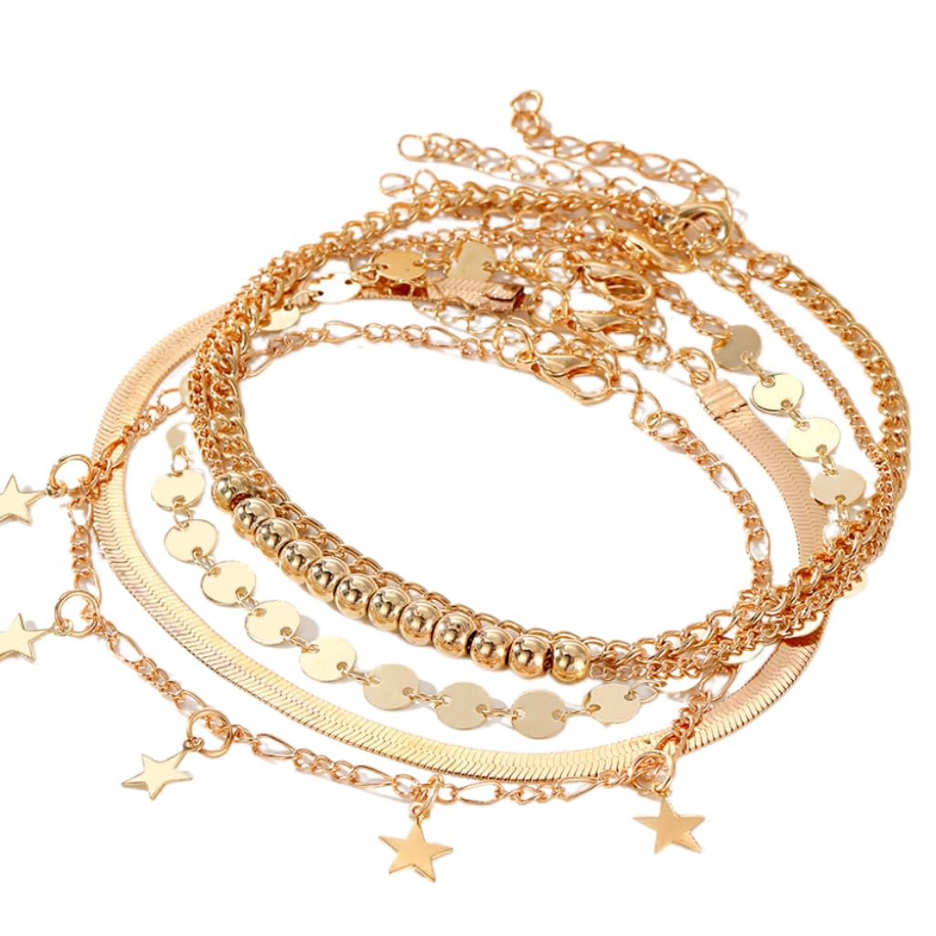 GenericBoho Layered Sequin Anklet Gold Star Ankle Bracelets Beaded Beach Foot Chain Tassel Foot Jewelry for Women and Girls