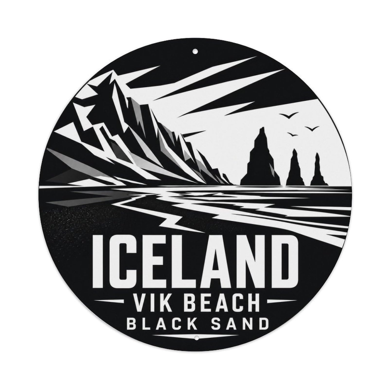Vik Beach Black Sand Icelandic White Destination Metal Tin Sign Plaque Wall Decor for Cafe, Man Cave, Club Bar, Office, Home Garden Round Metal Poster 8x8Inch