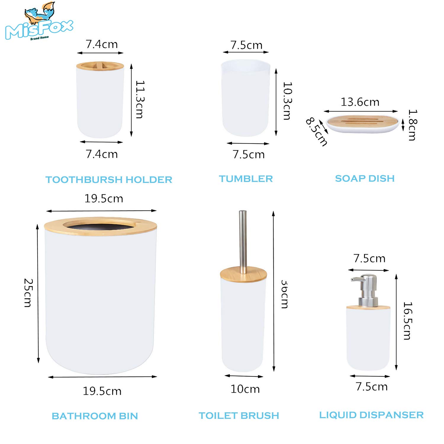 Set di accessori da bagno in bambù ecologico con dispenser di sapone, dispenser per lozioni, bidone della spazzatura, portaspazzolino, scopino per WC e portasapone