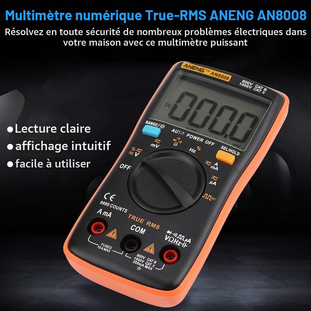 Multimètre Numérique AN8008 Auto-Ranging AC DC Voltmètre Électronique Ohm/Volt Testeur multimètre actuel Multi Testeur Diode et de Continuité avec Rétroéclairage LCD