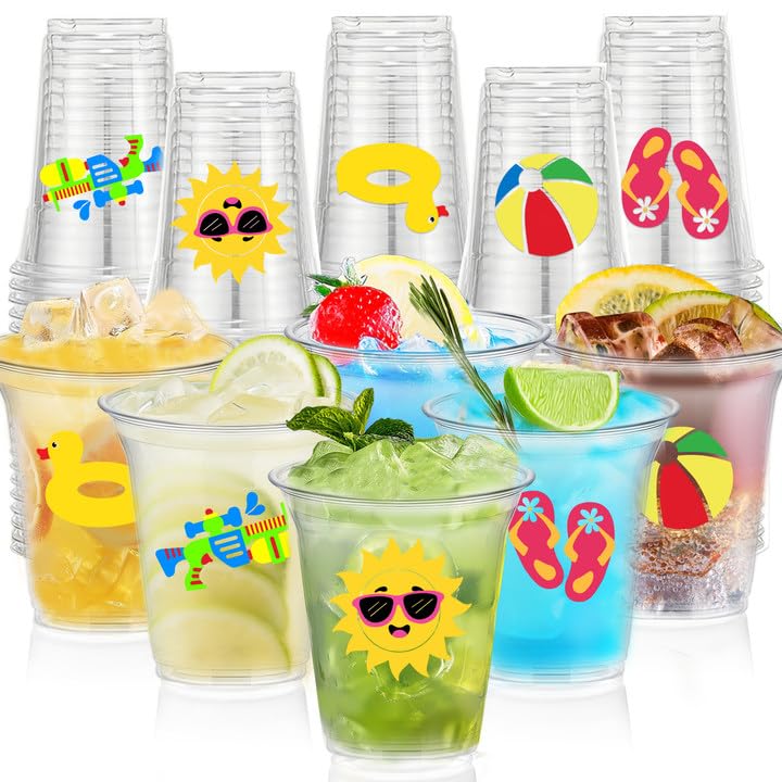 50 PCS Summer Pool Cups 12 oz Plastic Cups Beach Ball Party Clear Cup Disposable Hawaii Drinking Cups for Summer Pool Birthday Party Supplies