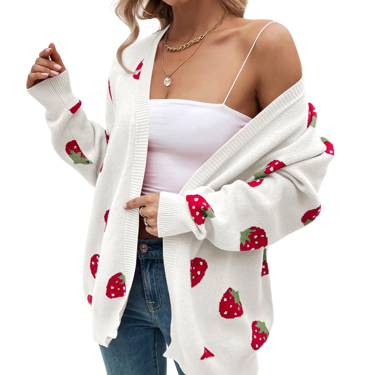 Womens Strawberry Pattern Knit Jacquard Cardigan Sweater Plus Size Open Front Long Sleeve Casual Style Cardigan Sweater