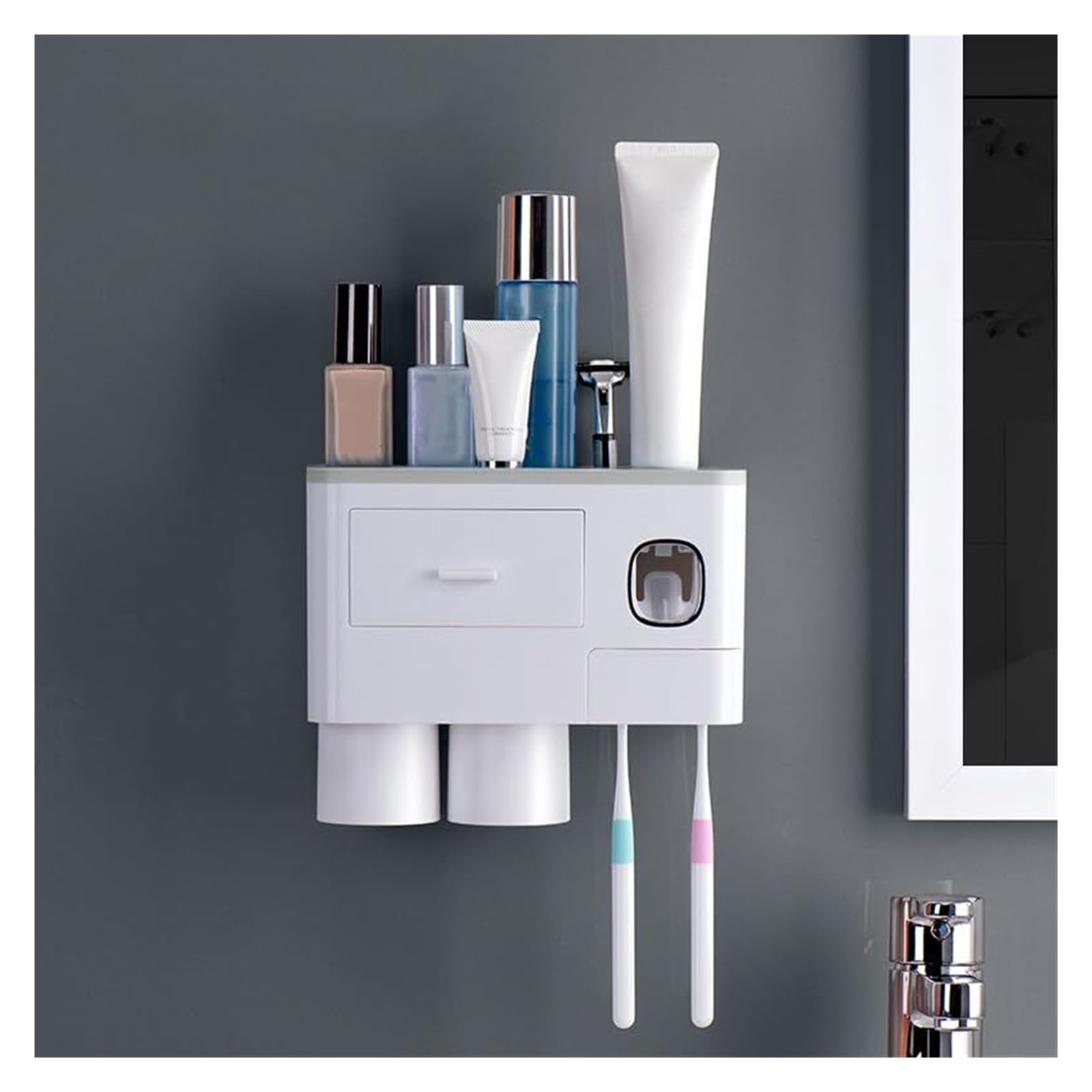 Soportes para cepillos de Dientes Estante de Pared for Almacenamiento cepillos Dientes con dispensador Pasta, Organizador baño Gris Organizador de Accesorios