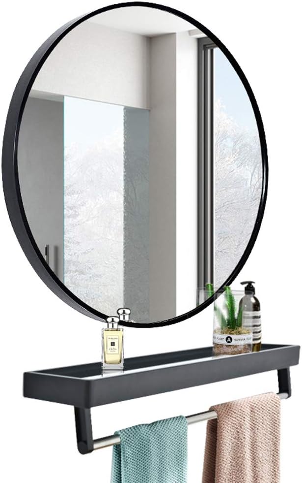 Bathroom Mirrors for Vanity Large Round Mirror with Shelf,Black Metal Frame Wall Mirror, Large Circle Mirror for Bedroom, Bathroom, Living Room and More