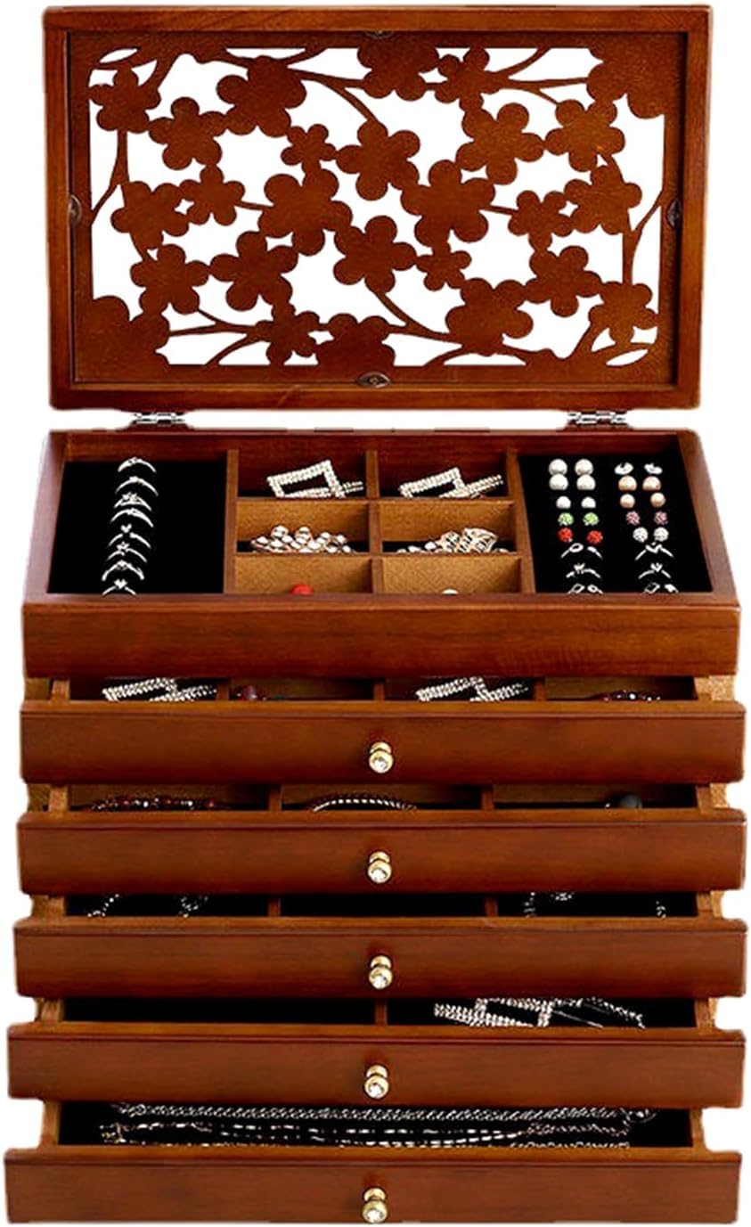 Grande boîte à bijoux vintage en noyer noir, 6 compartiments, pour colliers et bagues. Cadeau pour femme.